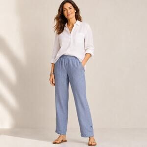 Pure Jill 100% Linen Pull On Crop Pants Blue Button Hem Pockets Large Lagenlook